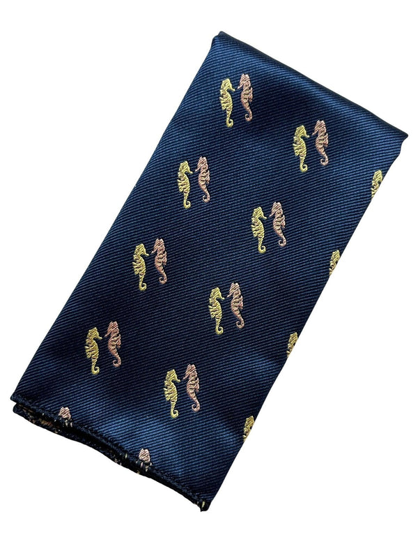 navy blue pocket square with embroidered seahorse design