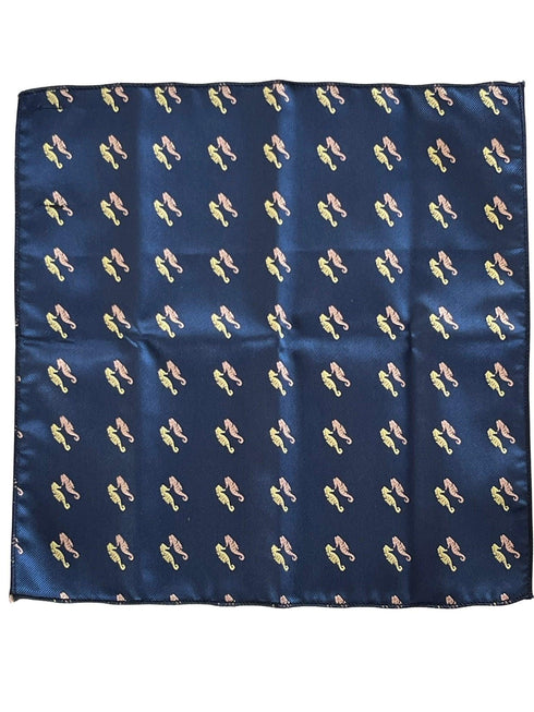 navy blue pocket square with embroidered seahorse design