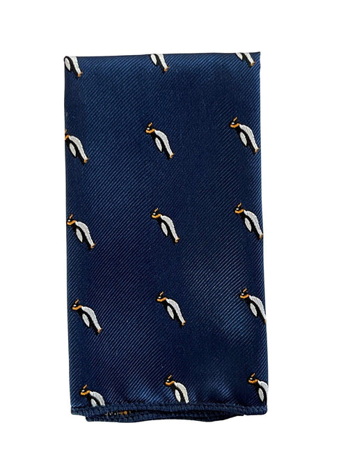 navy blue pocket square with embroidered penguin design