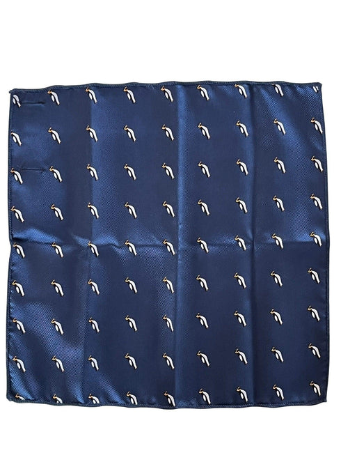 navy blue pocket square with embroidered penguin design