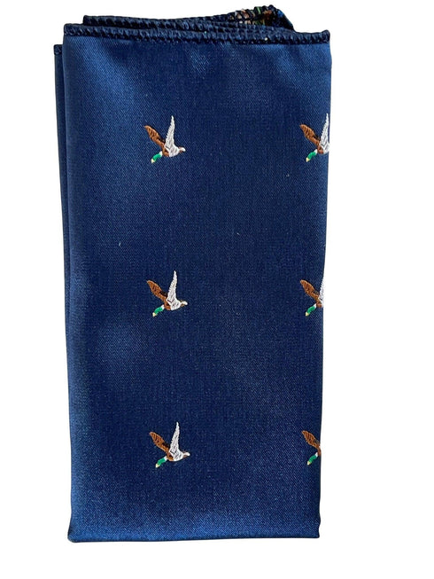 navy blue pocket square with embroidered flying hunting duck bird design