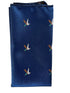 navy blue pocket square with embroidered flying hunting duck bird design