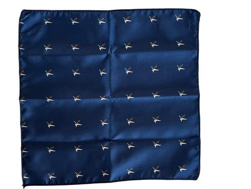navy blue pocket square with embroidered flying hunting duck bird design