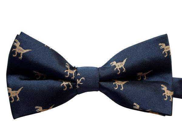 navy adult bow tie with t-rex embroidered design