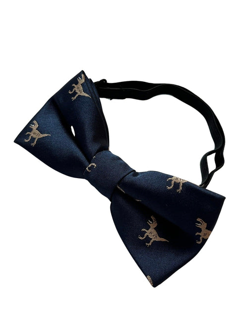 navy child's bow tie with t-rex embroidered design
