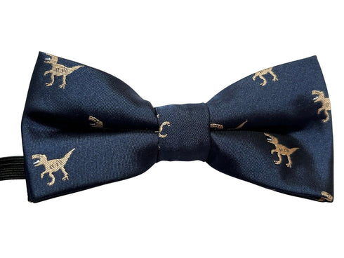 navy child's bow tie with t-rex embroidered design
