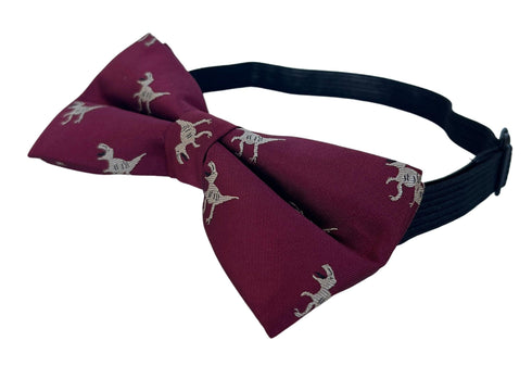 Maroon child's bow tie with t-rex embroidered design