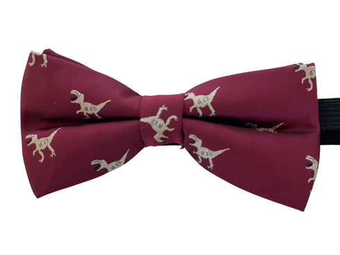 Maroon child's bow tie with t-rex embroidered design