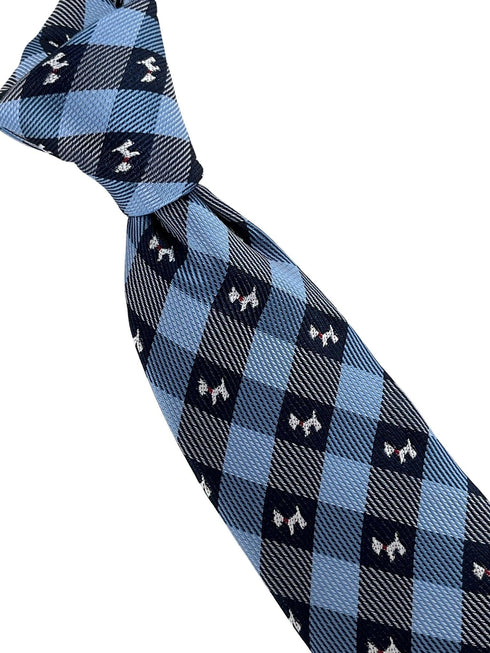 light blue and dark navy blue plaid gingham style tie with Scottie dog Scottish Terrier design