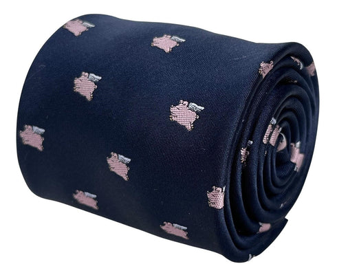 navy dark blue tie with pink pigs might fly-ing design
