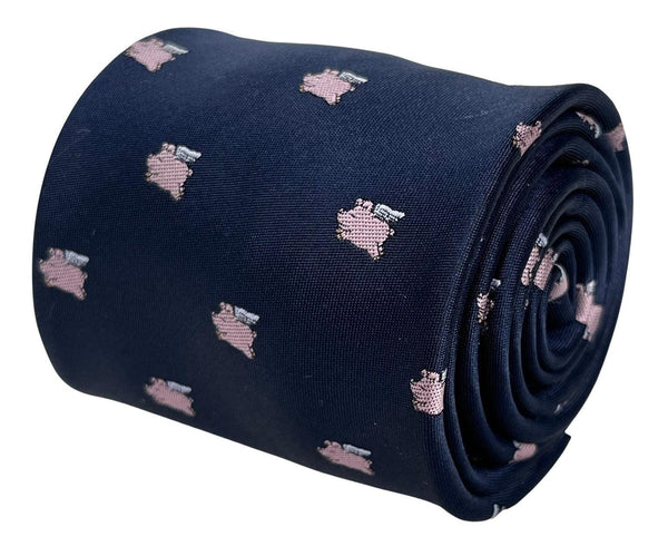 navy dark blue tie with pink pigs might fly-ing design