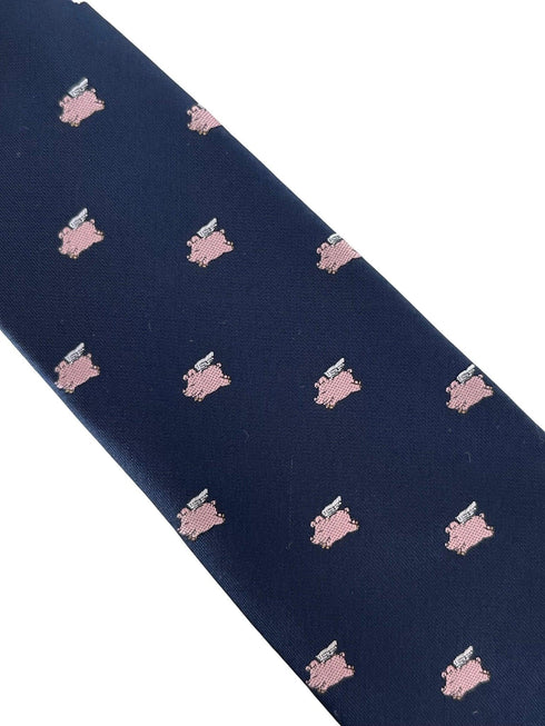 navy dark blue tie with pink pigs might fly-ing design