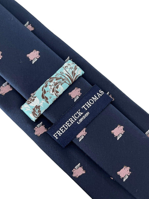 navy dark blue tie with pink pigs might fly-ing design