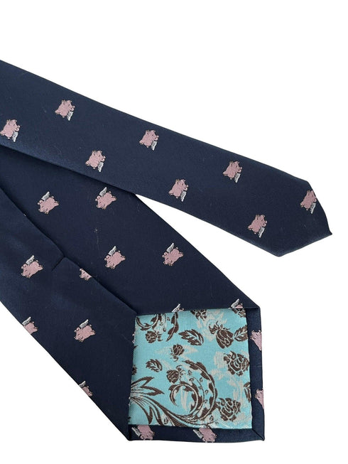 navy dark blue tie with pink pigs might fly-ing design