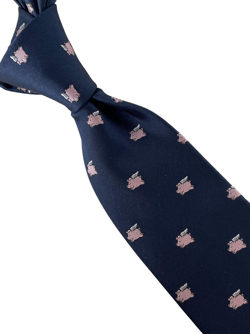 navy dark blue tie with pink pigs might fly-ing design