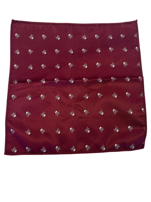 dark red maroon pocket square with a skull and crossbones design