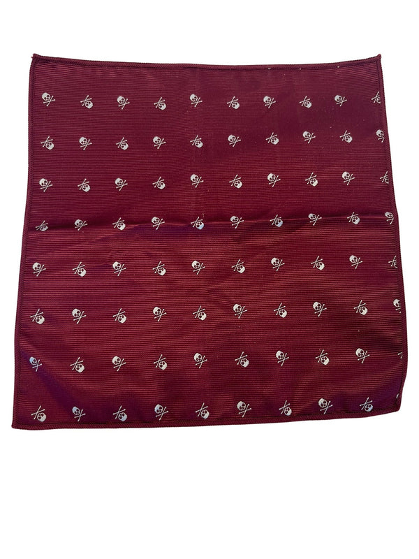 dark red maroon pocket square with a skull and crossbones design