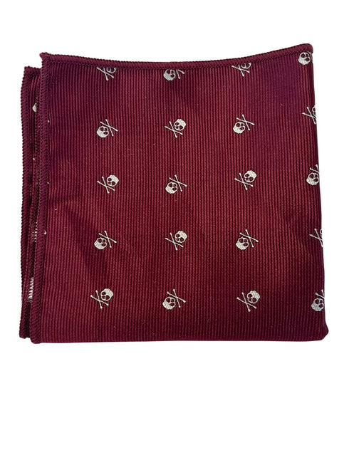dark red maroon pocket square with a skull and crossbones design