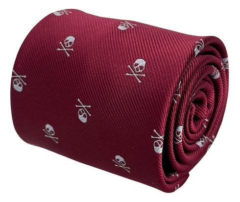 dark red maroon tie with skull and crossbones design