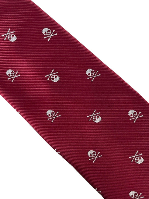 dark red maroon tie with skull and crossbones design