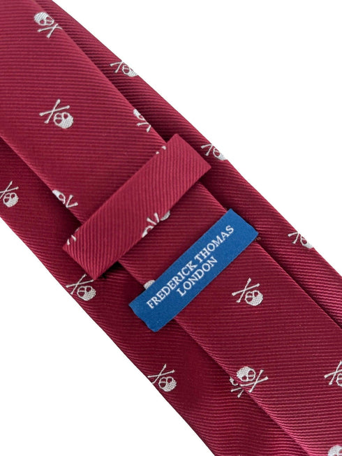 dark red maroon tie with skull and crossbones design
