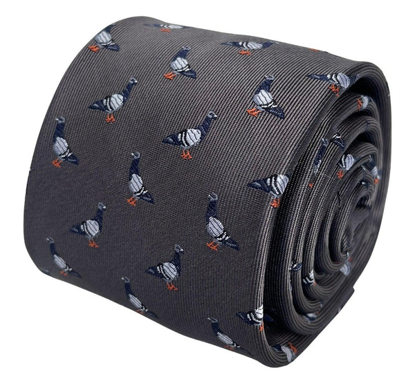 silver grey tie with pigeon bird design