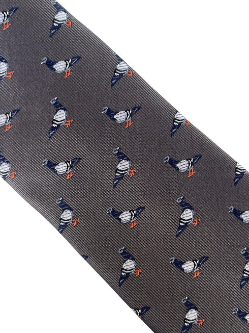 silver grey tie with pigeon bird design