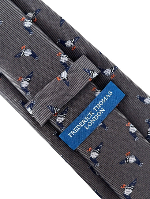 silver grey tie with pigeon bird design