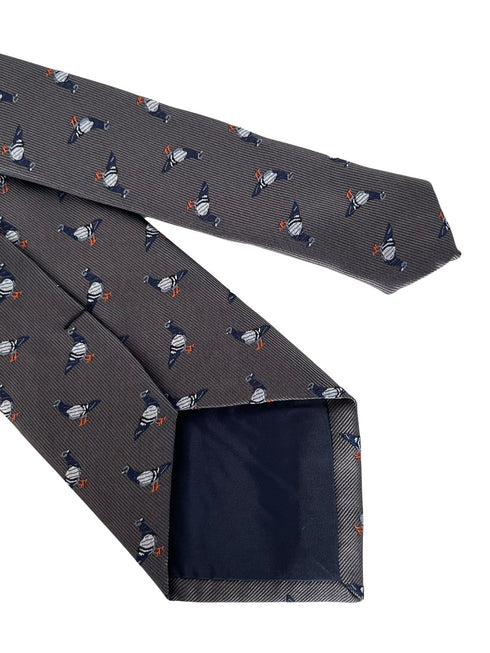 silver grey tie with pigeon bird design