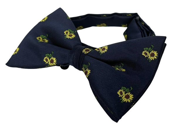 navy dark blue adult bow tie with sunflower design
