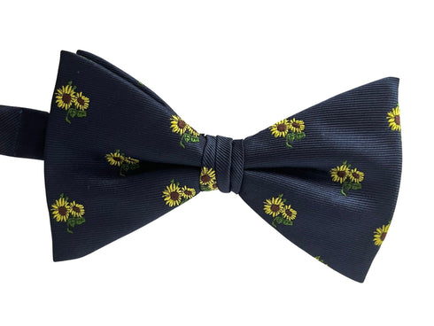 navy dark blue adult bow tie with sunflower design
