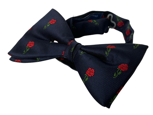 navy dark blue adult bow tie with English red rose rugby design