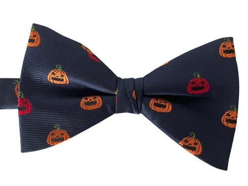 navy dark blue adult bow tie with quirky pumpkin halloween design