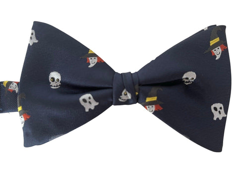 navy dark blue bow tie with quirky ghost witch skull halloween design