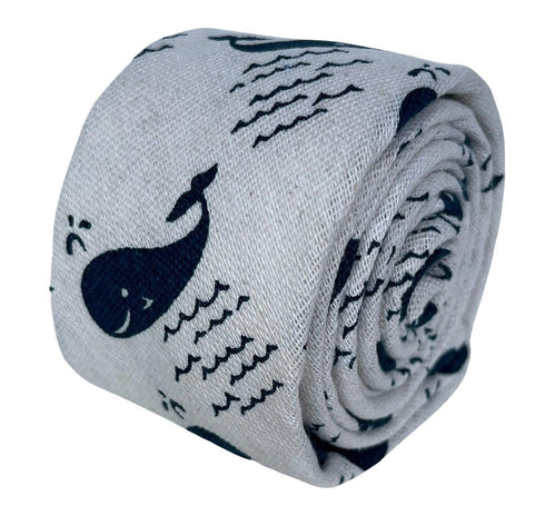 ivory cream cotton tie with blue whale nautical design