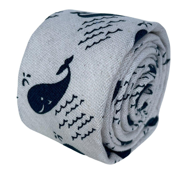 ivory cream cotton tie with blue whale nautical design