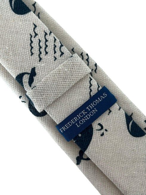 ivory cream cotton tie with blue whale nautical design