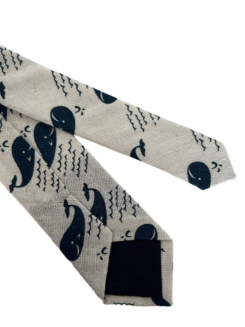 ivory cream cotton tie with blue whale nautical design