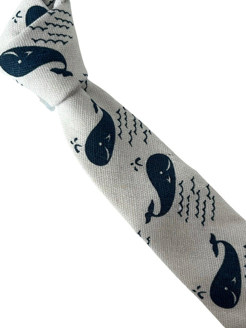 ivory cream cotton tie with blue whale nautical design