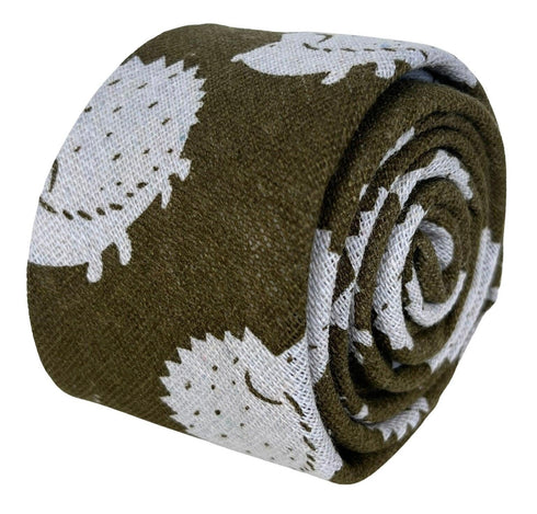 gold bronze olive cotton tie with hedgehog design