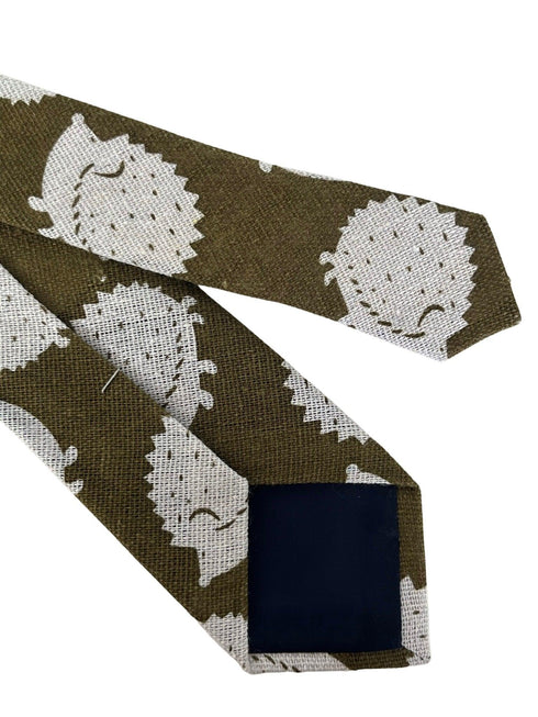 gold bronze olive cotton tie with hedgehog design