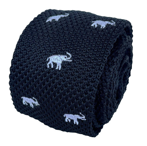 black knitted tie with white elephant embroidered design