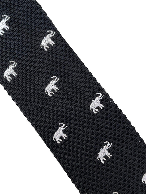 black knitted tie with white elephant embroidered design