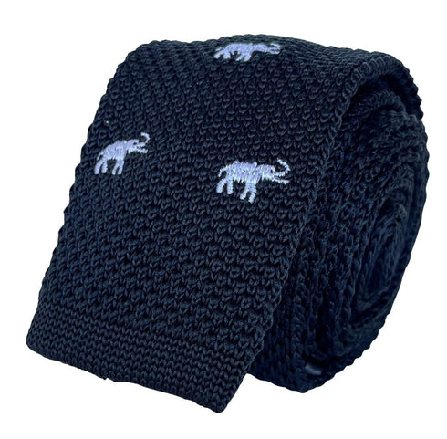 black knitted tie with white elephant embroidered design