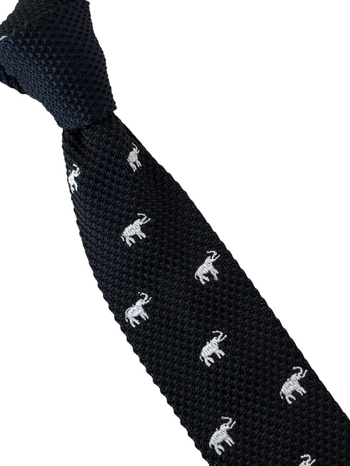 black knitted tie with white elephant embroidered design
