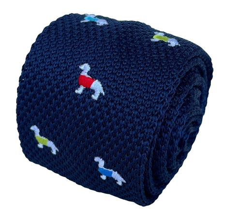 navy blue knitted tie with embroidered dog design