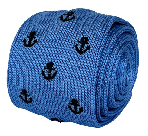 light baby blue knitted tie with nautical anchor embroidered design