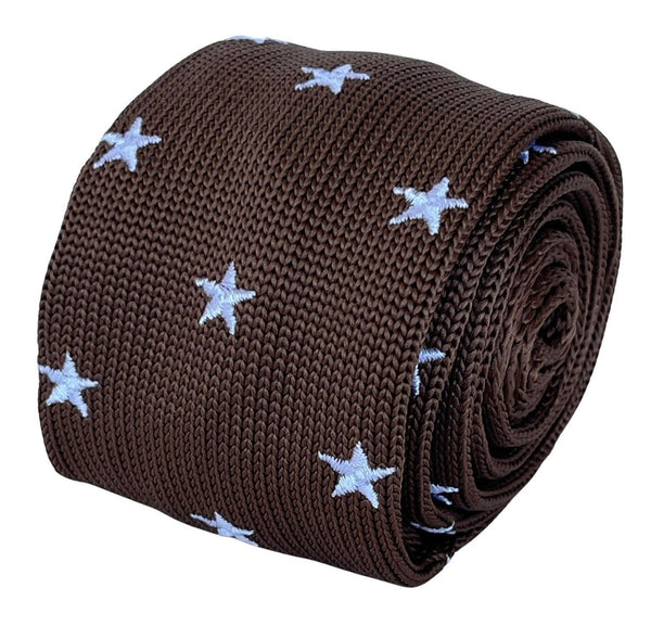 chocolate coffee brown knitted tie with embroidered white stars