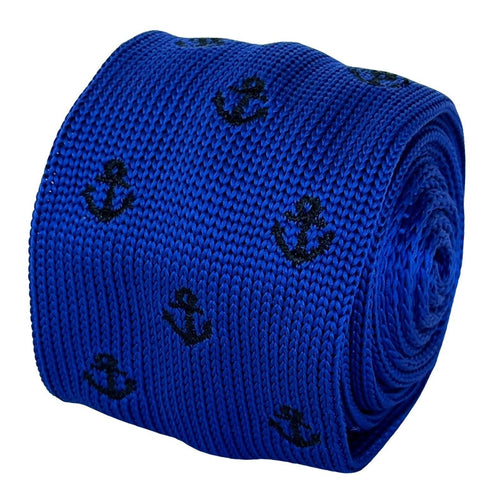 royal blue knitted tie with black nautical anchor embroidered design