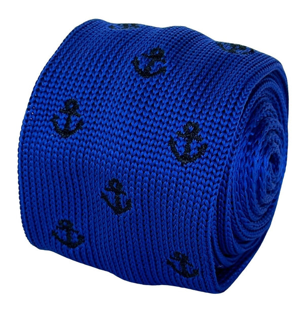 royal blue knitted tie with black nautical anchor embroidered design
